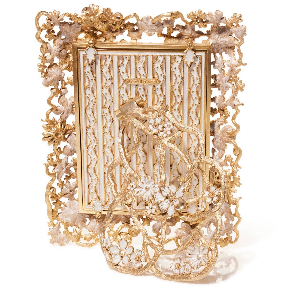 Jay Strongwater Ophelia 5" x 7" Enamel Gold-Finished Picture Frame, White Opal