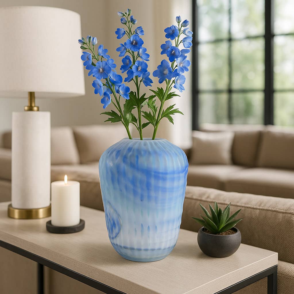 Decorative Vase - Blue Glass Carved Ribbed Pattern, 14 in.