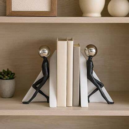 Bookends Set of 2 - Black Resin Figure with Sphere, 11 in.