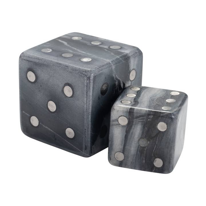 Sculpture Set of 2 - Grey Marble Metal Modern Dice, 3/4 in.