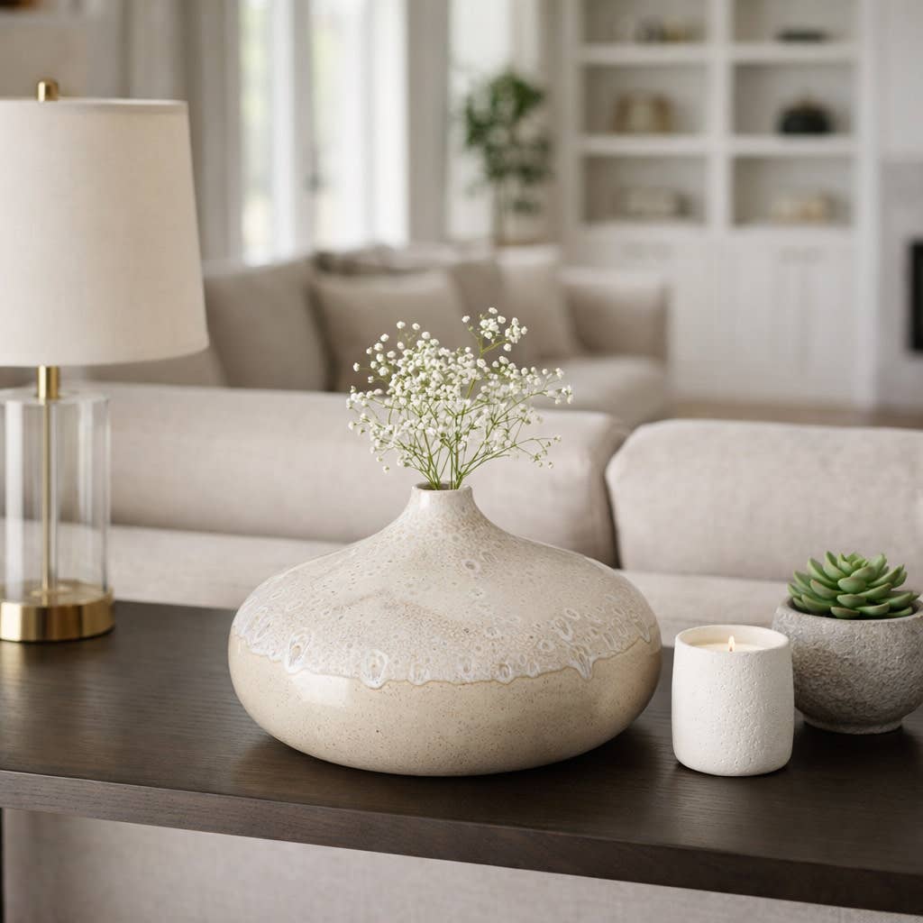 Decorative Vase - Cream Ceramic Round Glossy Textured, 8.5in