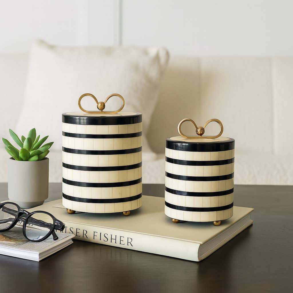 Decorative Box Set of 2 - Black & White Resin Lidded, 7/9in.