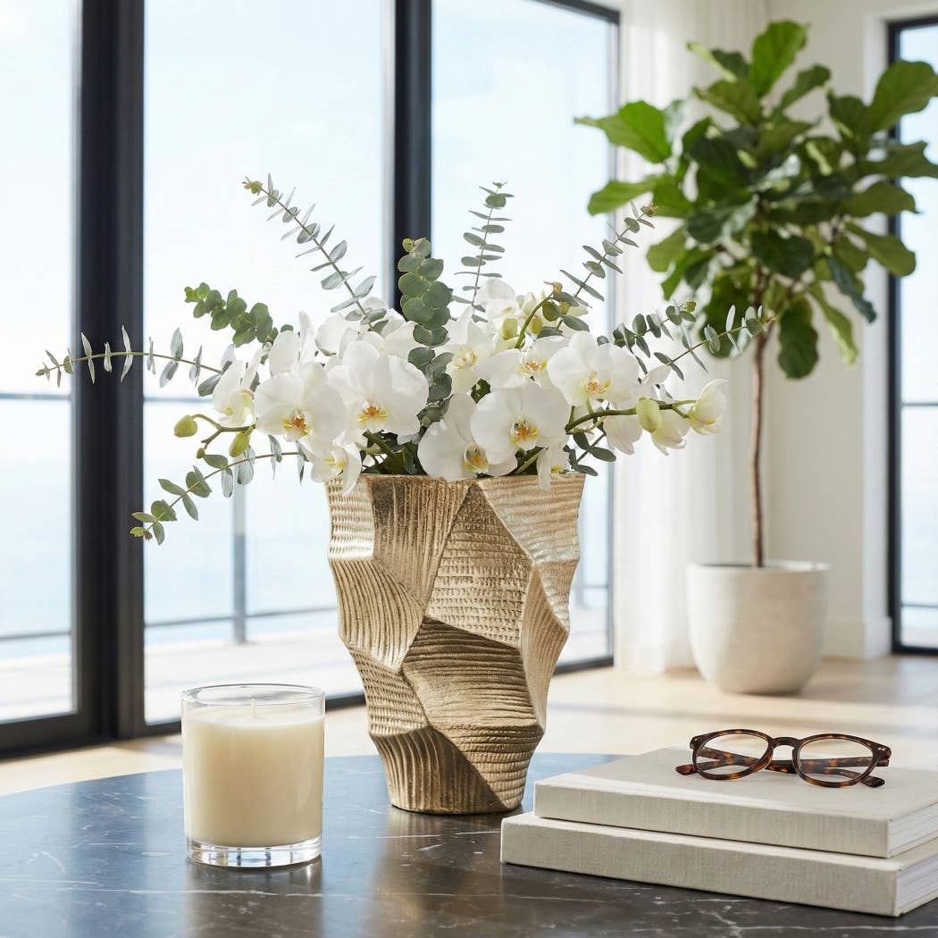 Decorative Vase - Gold Metal Geometric Textured, 9 in.