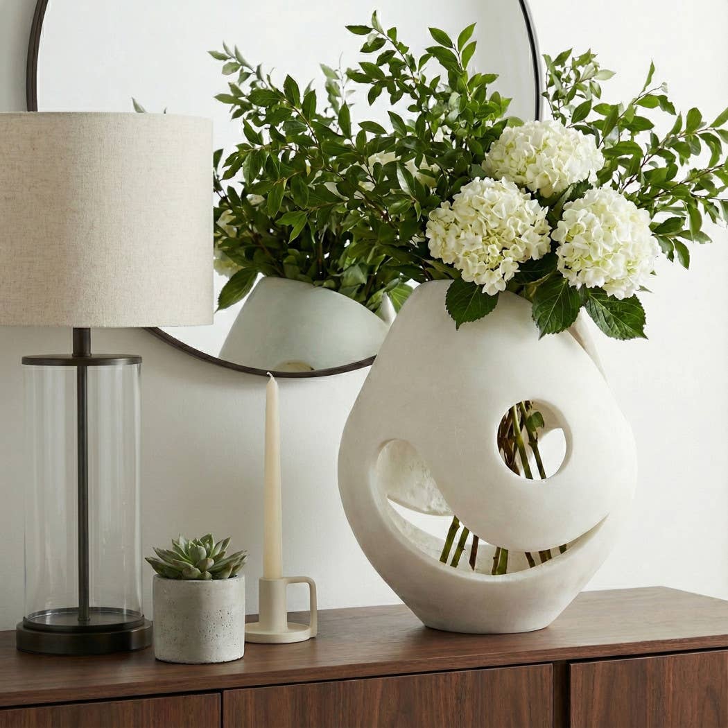 Decorative Vase - White Resin Sculptural Cutout, 14 in.