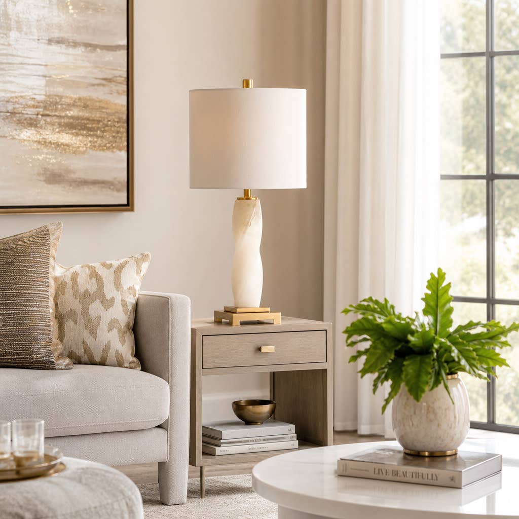 Table Lamp - Ivory/Gold Metal Base with Linen Shade, 24 in.