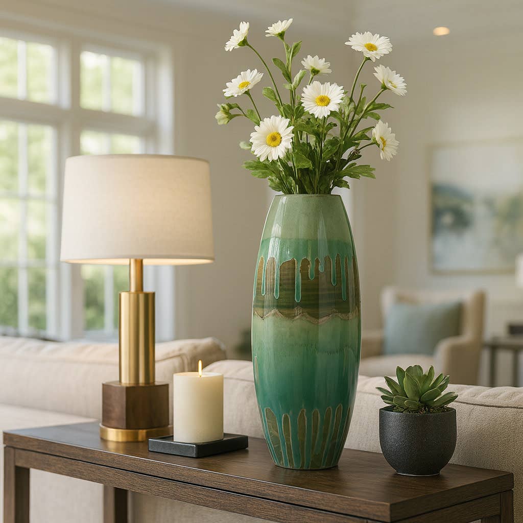 Decorative Vase - Green Ceramic Textured Detailing, 21 in.