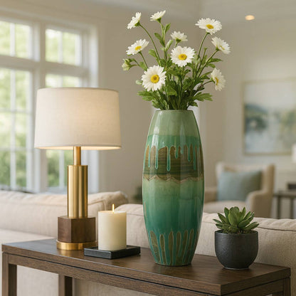 Decorative Vase - Green Ceramic Textured Detailing, 21 in.