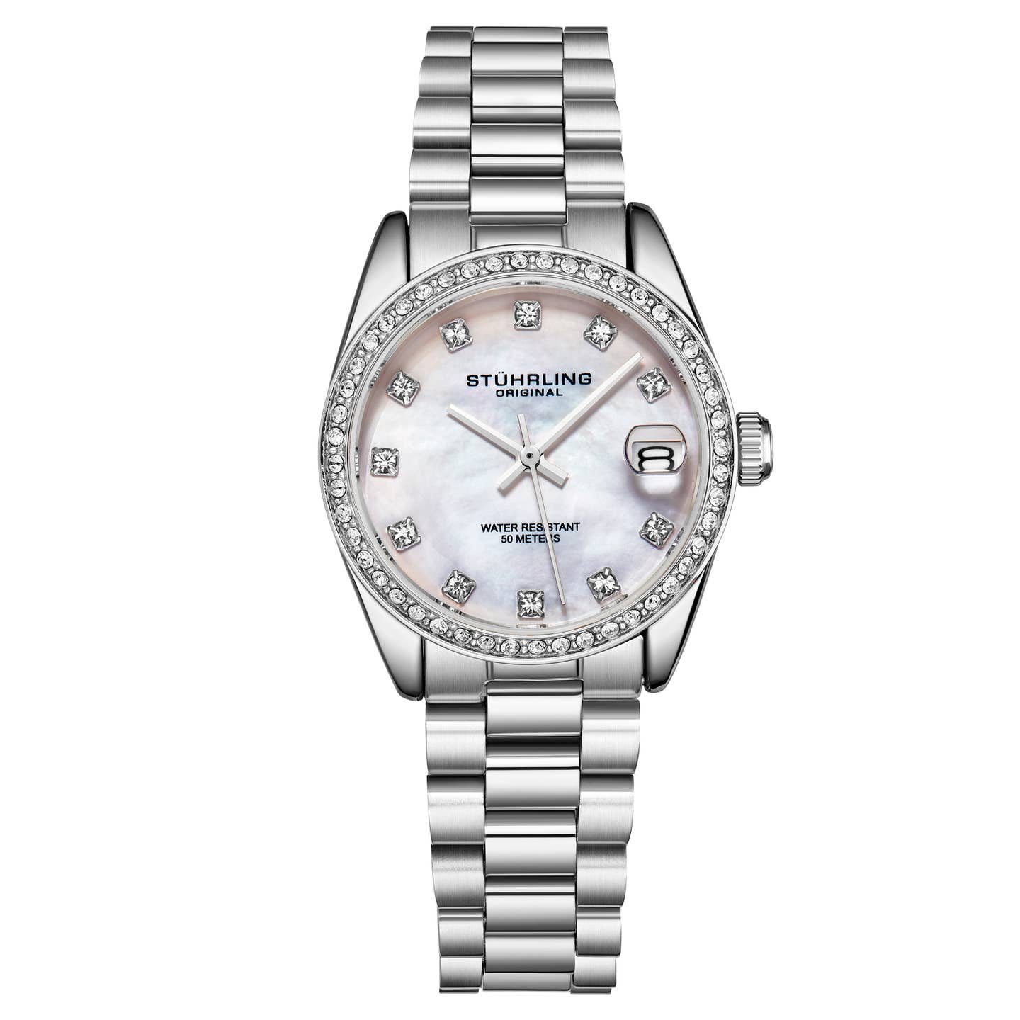 Stuhrling Original Lineage Women's Quartz Watch, 31mm, Silver Mother-of-Pearl Dial, Silver-Tone Stainless Steel Bracelet, Crystal-Accented Bezel
