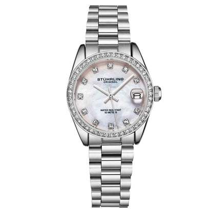 Stuhrling Original Lineage Women's Quartz Watch, 31mm, Silver Mother-of-Pearl Dial, Silver-Tone Stainless Steel Bracelet, Crystal-Accented Bezel