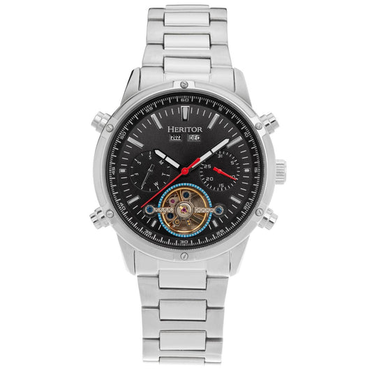 Heritor Wilhelm Men's Automatic Semi-Skeleton Bracelet Watch, Silver/Black