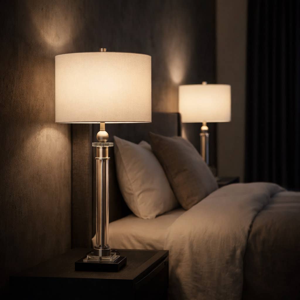 Table Lamp - Clear/Silver Metal Glass Column Base, 29 in.