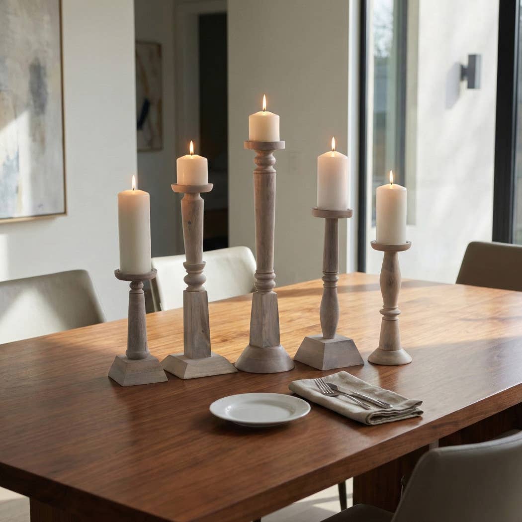 Candle Holders Set of 5 - Light Brown Mango Wood, 10-22 in.