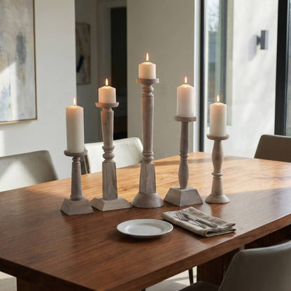 Candle Holders Set of 5 - Light Brown Mango Wood, 10-22 in.