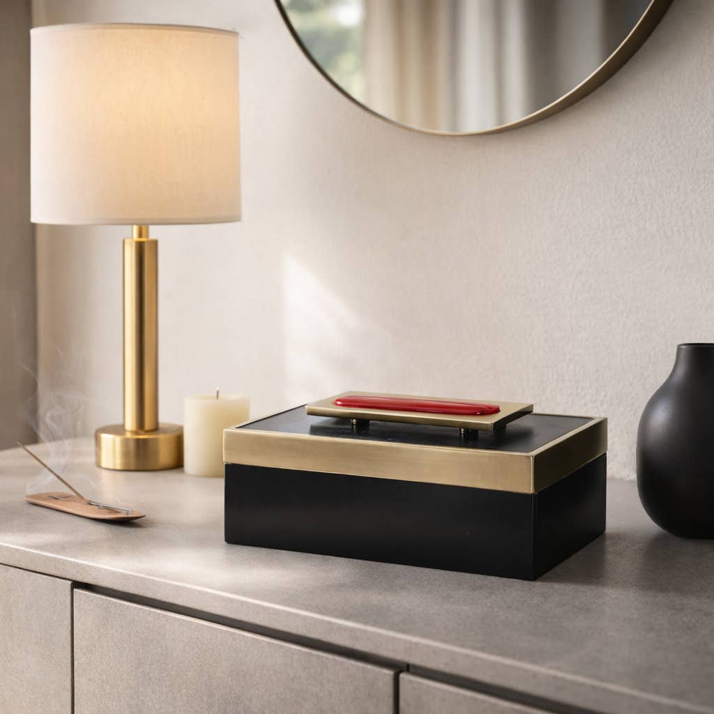 Decorative Box - Black/Red Wood Rectangle with Lid, 14 in.