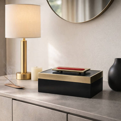 Decorative Box - Black/Red Wood Rectangle with Lid, 14 in.