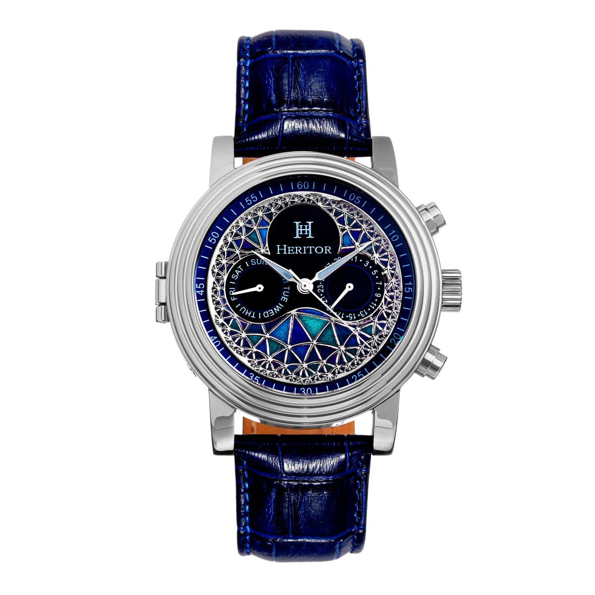 Heritor Legacy Men's Automatic Day-Date Leather Watch, Silver/Blue