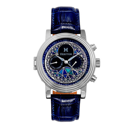 Heritor Legacy Men's Automatic Day-Date Leather Watch, Silver/Blue