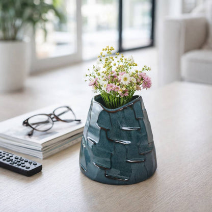 Decorative Vase - Blue Ceramic Sculpted Textured, 6 in.