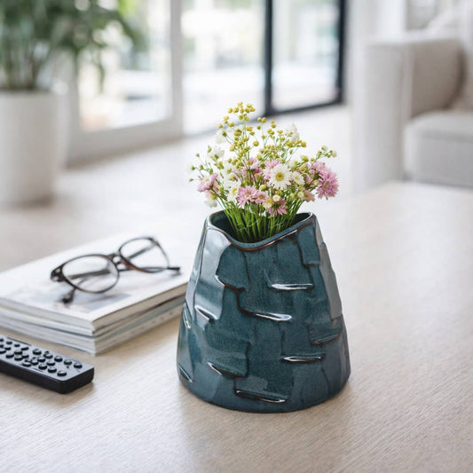 Decorative Vase - Blue Ceramic Sculpted Textured, 6 in.