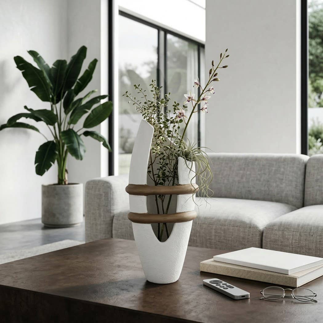 Decorative Vase - White Ceramic Textured Sculptural, 18 in.