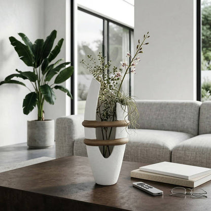 Decorative Vase - White Ceramic Textured Sculptural, 18 in.