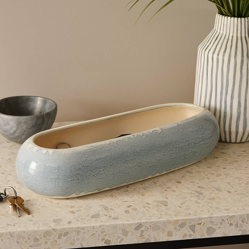 Decorative Bowl - Blue Ceramic Modern Oval Shape, 20 in.