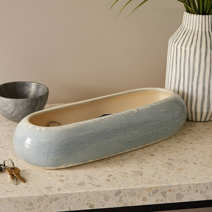 Decorative Bowl - Blue Ceramic Modern Oval Shape, 20 in.