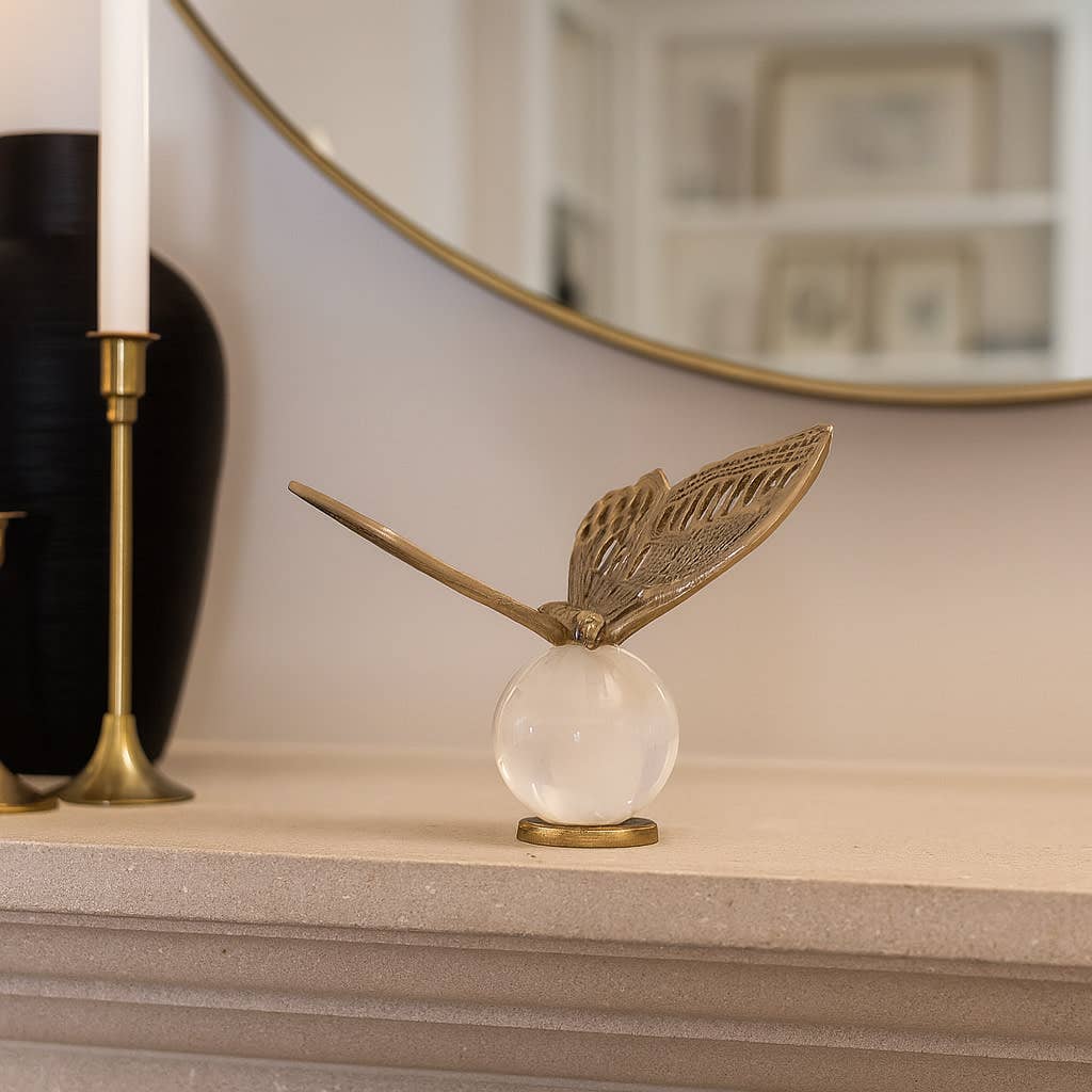 Decorative Object - Gold Metal Butterfly On Glass Orb, 8 in.