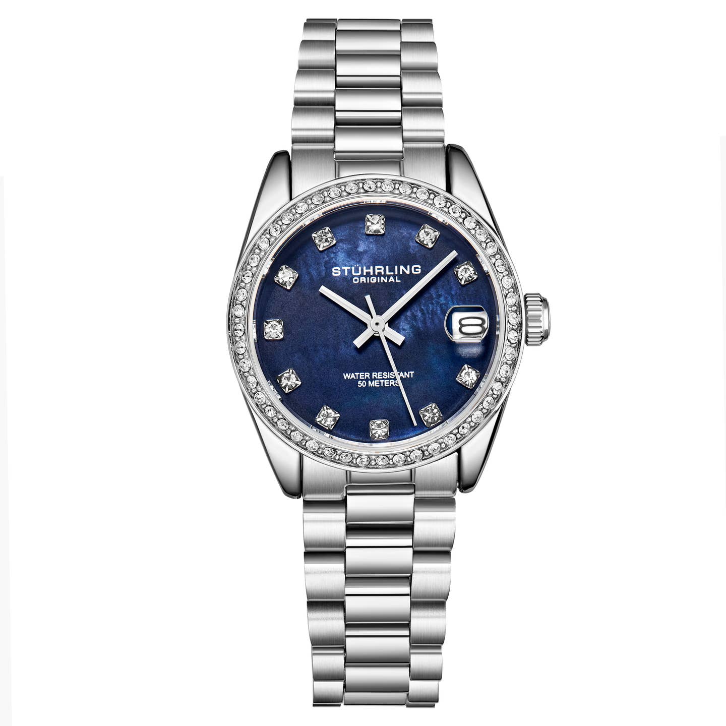 Stuhrling Original Lineage Women's Quartz Watch, 31mm, Blue Mother-of-Pearl Dial, Silver-Tone Stainless Steel Bracelet, Crystal-Accented Bezel