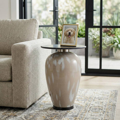 Side Table - Black Marble Top with White Glass Base, 22 in.