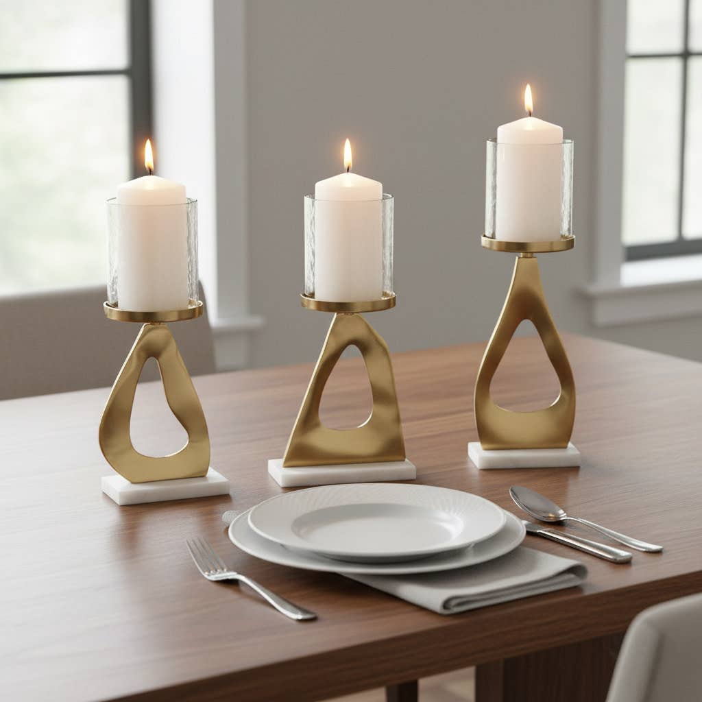 Candle Holders Set of 3 - Gold Metal Marble Base, 13/15 in.