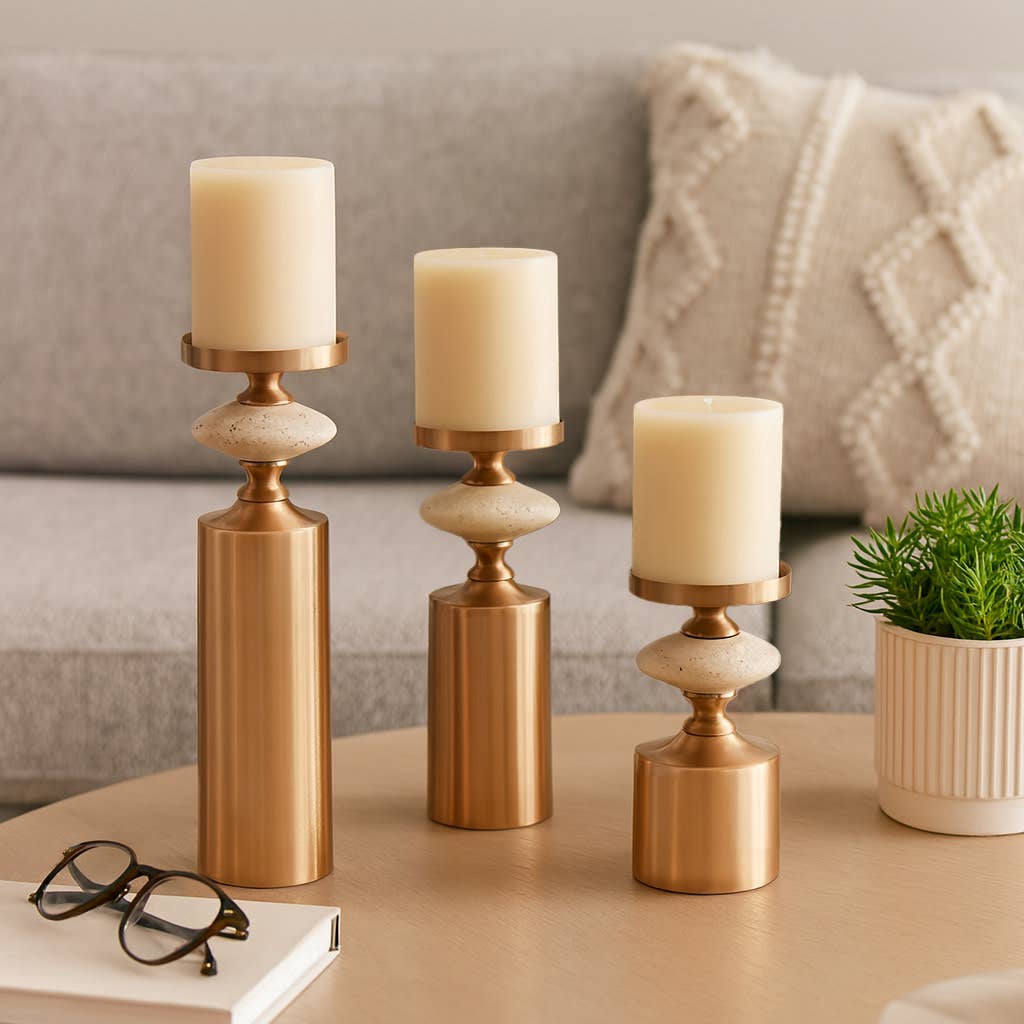 Candle Holder Set of 3 - Gold Metal Travertine, 9/12/16 in.