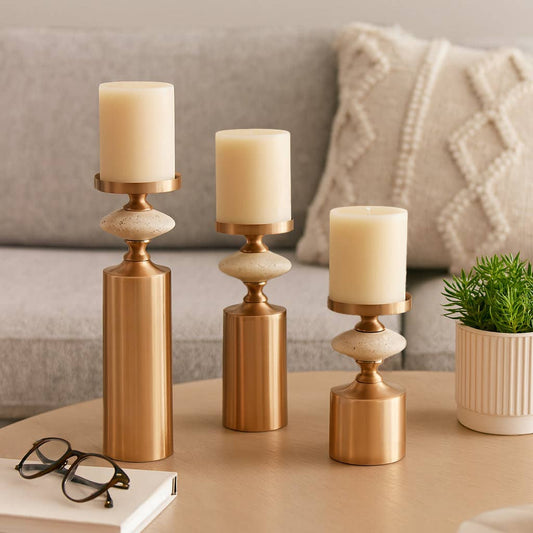 Candle Holder Set of 3 - Gold Metal Travertine, 9/12/16 in.
