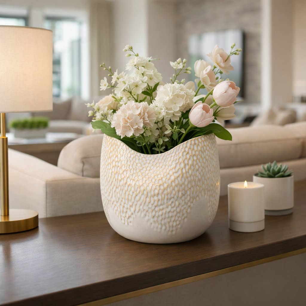 Decorative Vase - Cream Earthenware Textured Oval, 8 in.