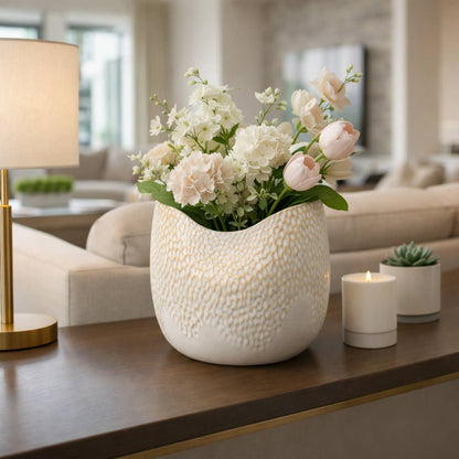 Decorative Vase - Cream Earthenware Textured Oval, 8 in.