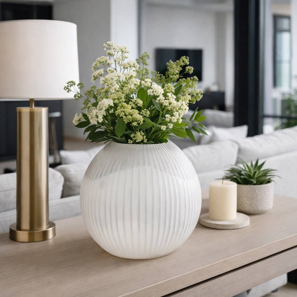 Decorative Vase - White Glass Round Ribbed, 13 in.