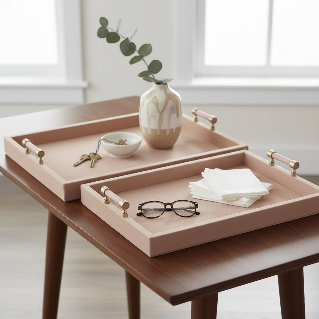 Decorative Trays Set of 2 - Tan Wood Selenite, 20/17 in.