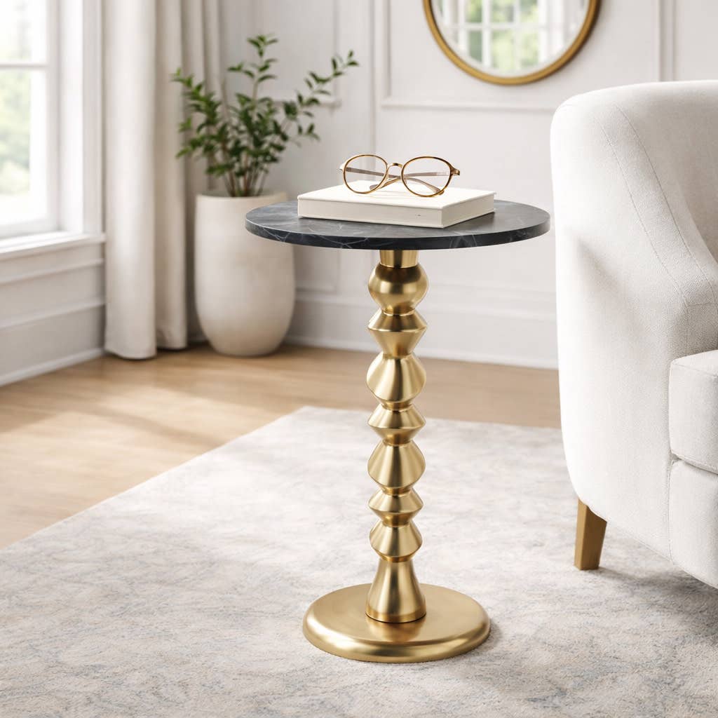 Side Table - Black Marble Top with Sculptural Base, 27 in.