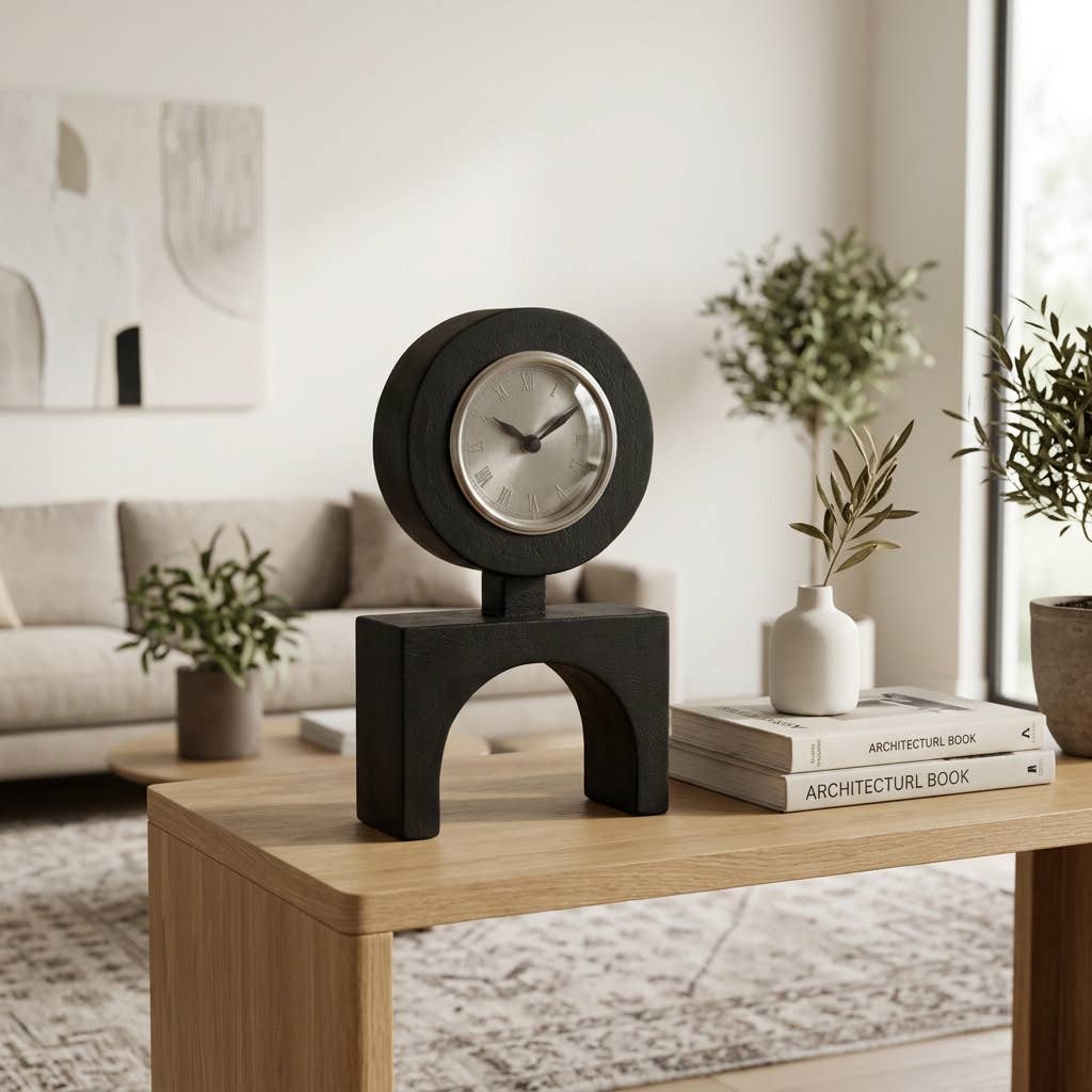 Desk Clock - Black Wood with Roman Numeral Dial, 13 in.