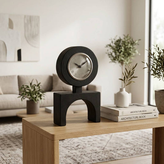 Desk Clock - Black Wood with Roman Numeral Dial, 13 in.