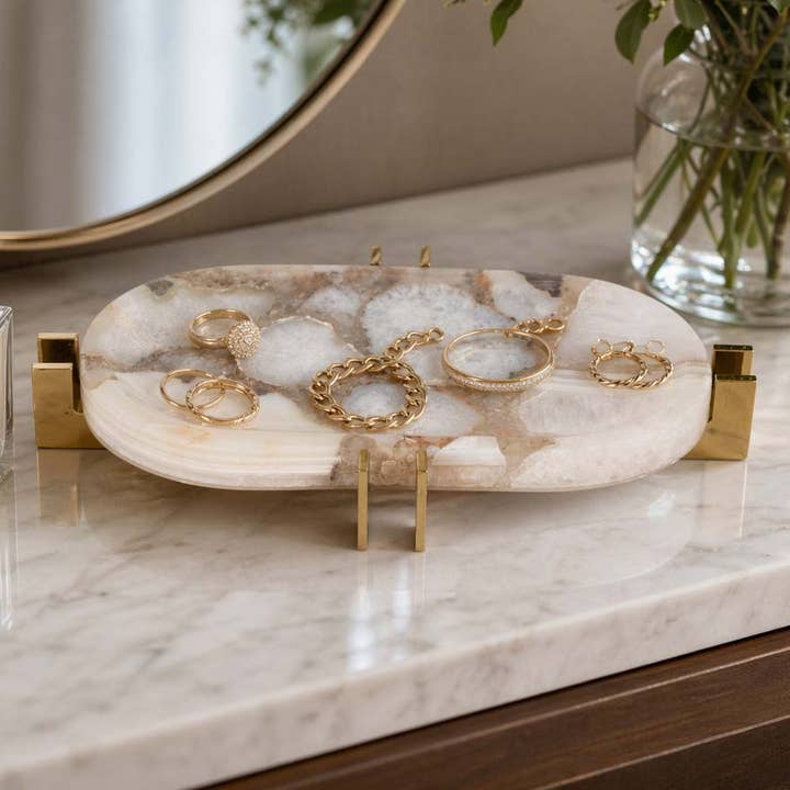 Decorative Tray - White Agate Oval Inlay Accents, 14 in.