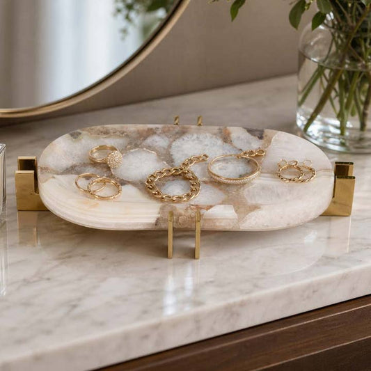 Decorative Tray - White Agate Oval Inlay Accents, 14 in.