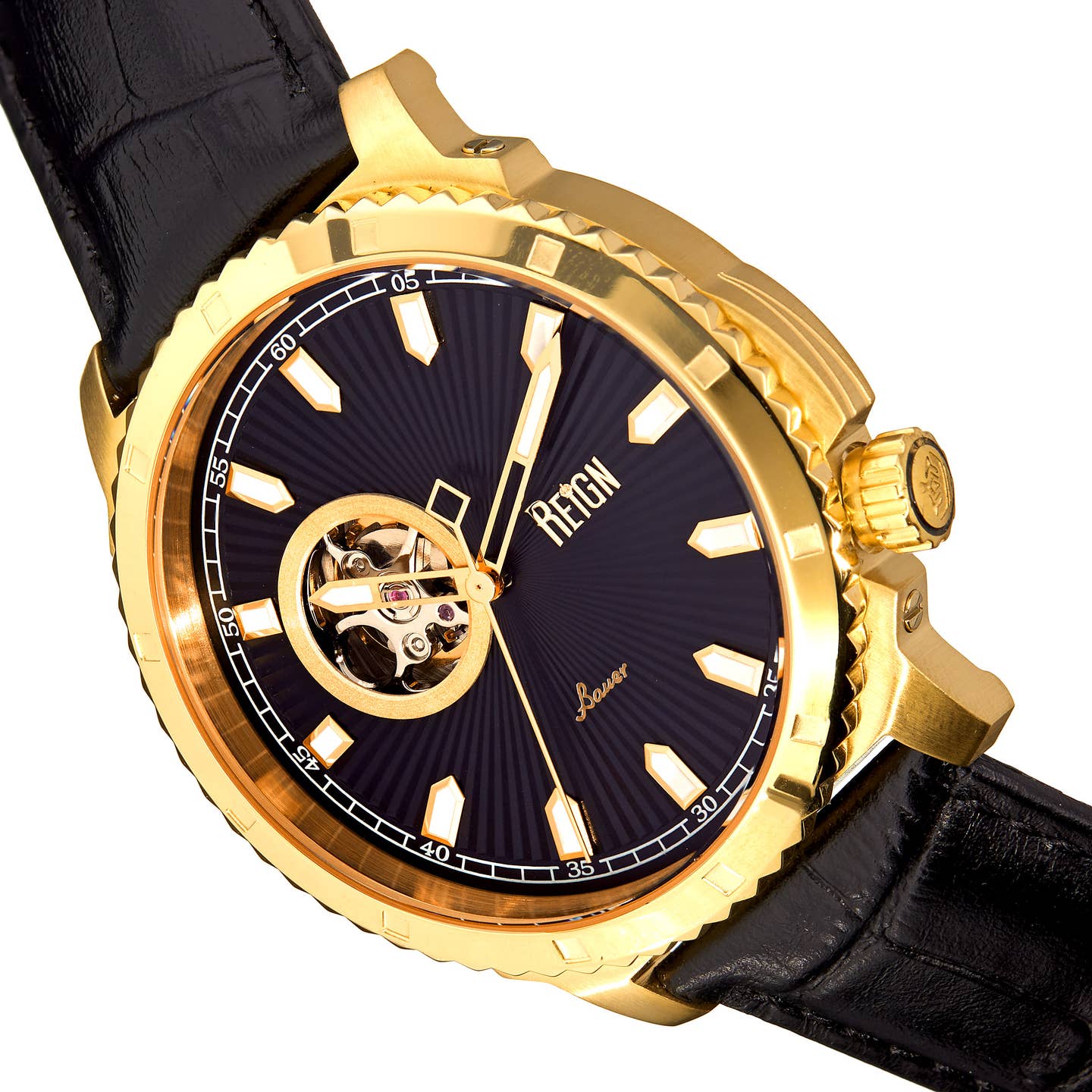Reign Bauer Men's Automatic Semi-Skeleton Leather Watch