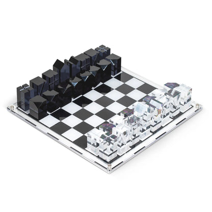 Dom Acrylic Chess Set – Modern Lucite Chess Board with Crystal & Black Pieces