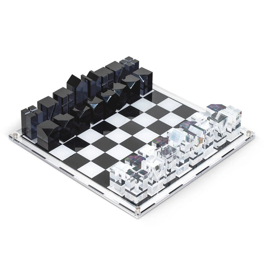 Dom Acrylic Chess Set – Modern Lucite Chess Board with Crystal & Black Pieces