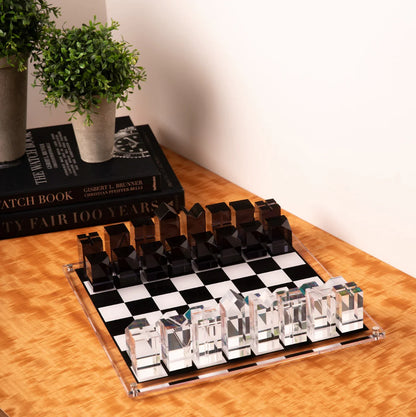 Dom Acrylic Chess Set – Modern Lucite Chess Board with Crystal & Black Pieces