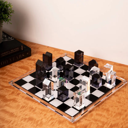 Dom Acrylic Chess Set – Modern Lucite Chess Board with Crystal & Black Pieces