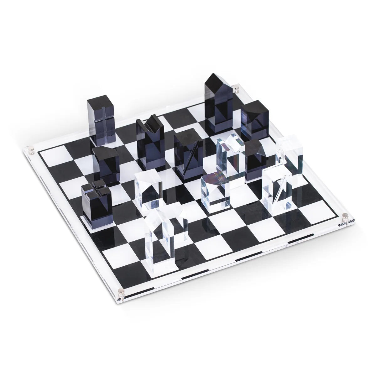 Dom Acrylic Chess Set – Modern Lucite Chess Board with Crystal & Black Pieces