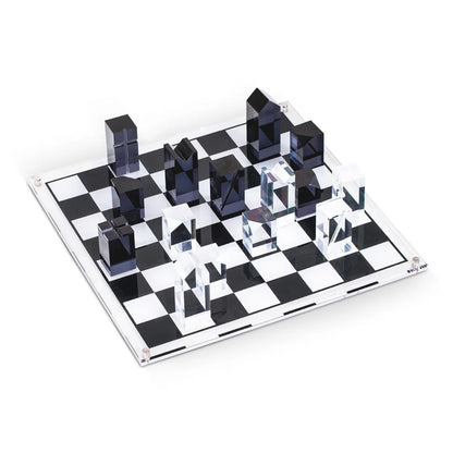 Dom Acrylic Chess Set – Modern Lucite Chess Board with Crystal & Black Pieces