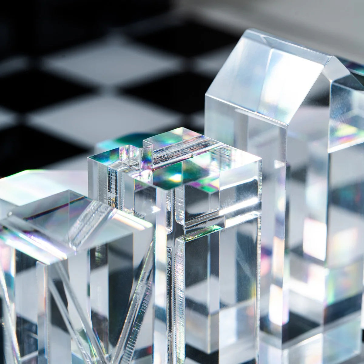 Dom Acrylic Chess Set – Modern Lucite Chess Board with Crystal & Black Pieces